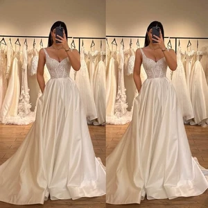 Bride Wedding Dresses Satin Off The Shoulder Corset Bridal Gowns With Pockets - Picture 1 of 9