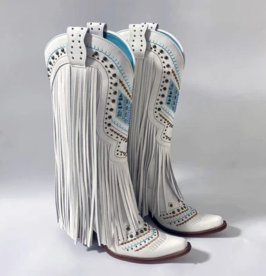 Mujeres Cuero Vaquera Borlas Punta Puntiaguda Bordado Medio Pantorrilla Botas Zapatos Retro Foto 1 de 4