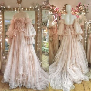 Bohemian Light Pink A Line Wedding Dresses with Half Sleeves Bridal Gowns - Picture 1 of 9