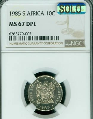1985 SOUTH AFRICA 10 CENTS NGC MS67 DPL MAC SOLO FINEST GRADE & SPOTLESS RARE *  - Image 1 of 2
