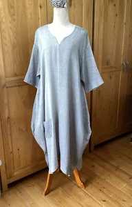 Moyuru Balloon Dress M Chest 48in Cotton Grey Pinstripe Notch Neck Pockets - Picture 1 of 11