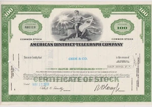 Certificado de acciones de American District Telegraph Company ADT Nueva Jersey - Imagen 1 de 1