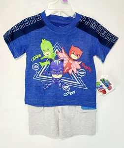 PJ Masks Toddler Boy Shirt Short Set 2 Piece Outfit Blue Gray 12M Catboy Gekko - Picture 1 of 3