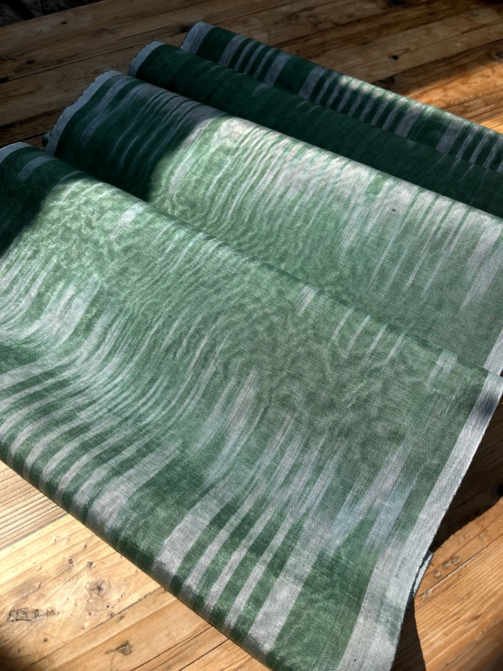 Green Ikat Silk Moire Fabric By The Meter,  Watermark Patterned Shantung Fabric - Image 1 of 4