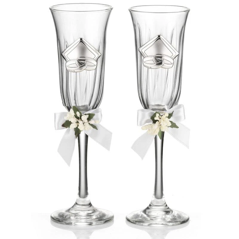Calici Flute Cristallo e Argento Valenti Regalo Di Nozze Matrimonio Anniversario - Immagine 1 di 1