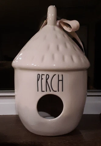 Rae Dunn White 8.5" Stoneware Round Farmhouse Tiki Birdhouse "Perch" By Magenta Cover