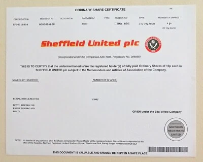 Share certificate on Ronaldo da Lima in Sheffield United plc Soccer Club 2000 - Image 1 of 4