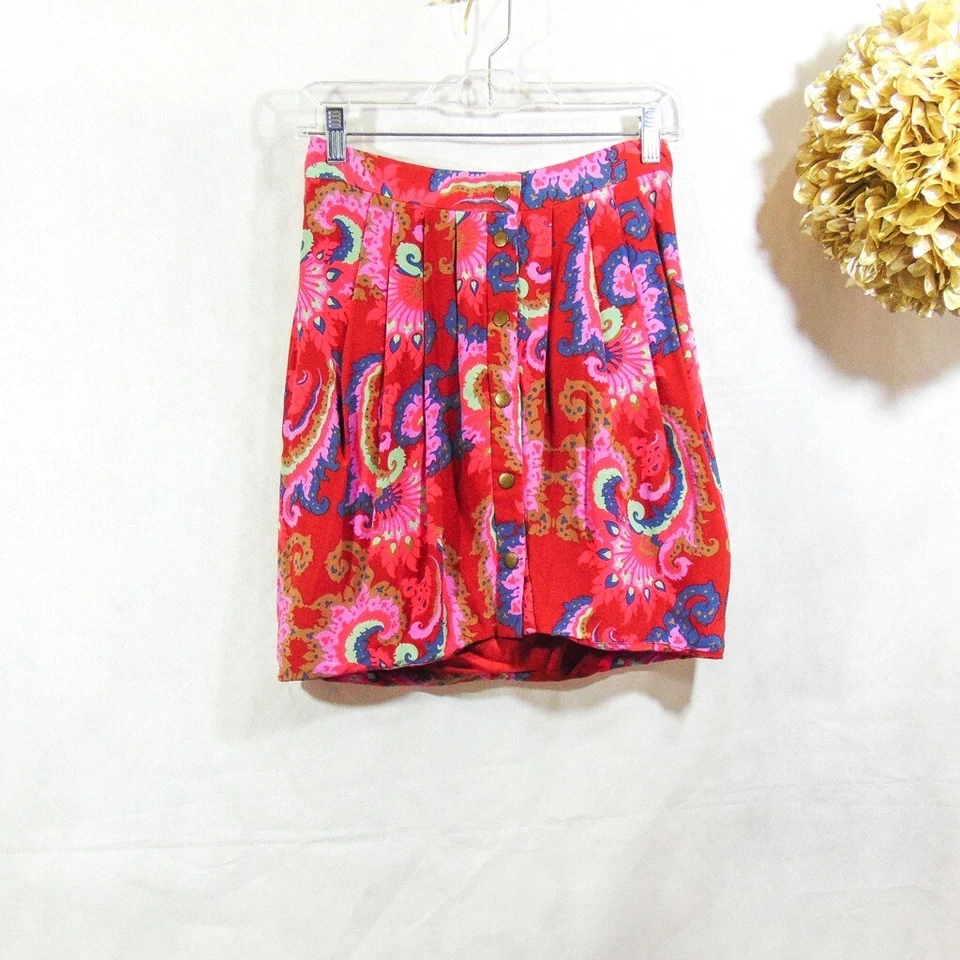 Falda plisada Tibi para mujer roja azul floral con botones forrada frontal 100 % seda 4 Foto 1 de 4