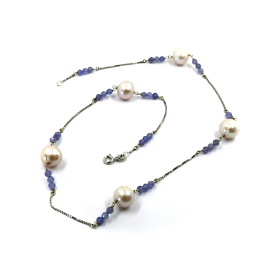 COLLANA ORO BIANCO 18K, PERLE ROSA ACQUA DOLCE DA 10 MM E TANZANITE BLU DA 3.5MM - Immagine 1 di 4