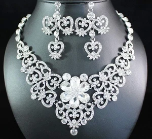 VICTORIAN CLEAR AUSTRIAN RHINESTONE CRYSTAL BIB NECKLACE EARRINGS SET N1617C - Picture 1 of 5