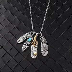 Feathers Necklace Jewelry Native American Nature Silvery Turquoise Pendant - Picture 1 of 6
