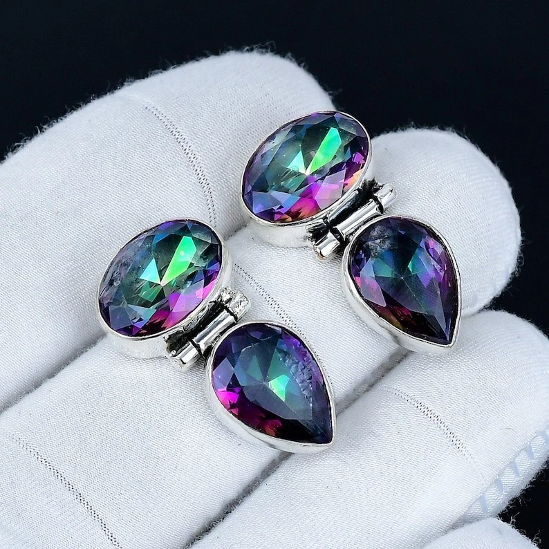 Mystic Topaz Gemstone Handmade 925 Sterling Silver Jewelry Earring Size-1.65'' - Image 1 of 4