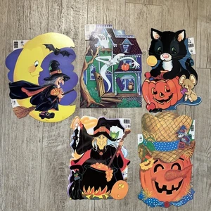 NEU Vintage Set Halloween Hexe schwarze Katze Kürbis Pappe ausgeschnitten Eureka - Bild 1 von 8