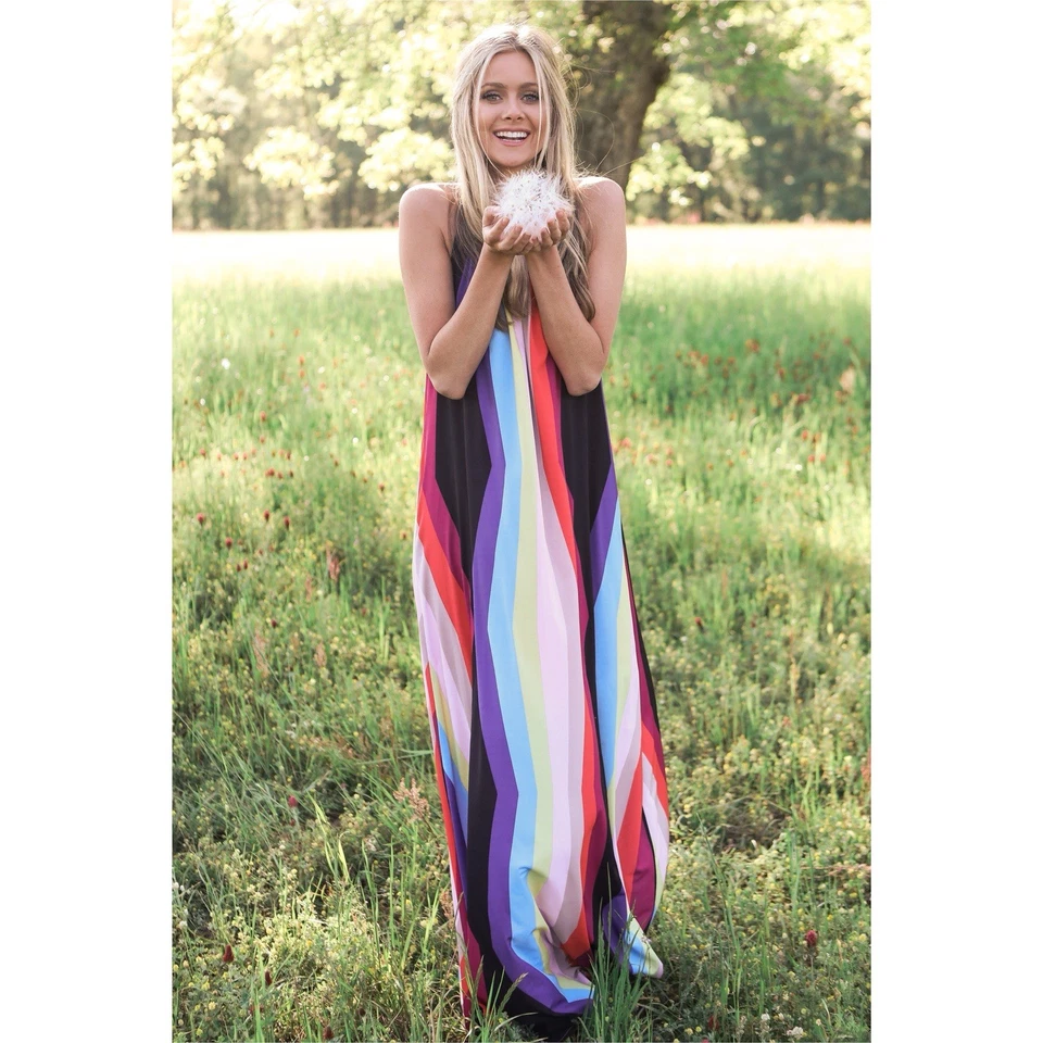 Judith March Rainbow Stripe Maxi Halter Dress Large Backless Resortwear Flowy - Image 1 of 4
