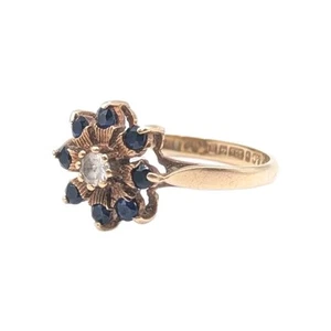 Ladies 9ct Yellow Gold Blue Sapphire White Quartz Flower Set Ring Size K - Picture 1 of 5