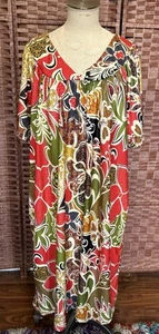 Vtg Floral Paisley Kaftan Mumu Oversized Dress Maxi Plus Size 1X Stretch - Picture 1 of 7