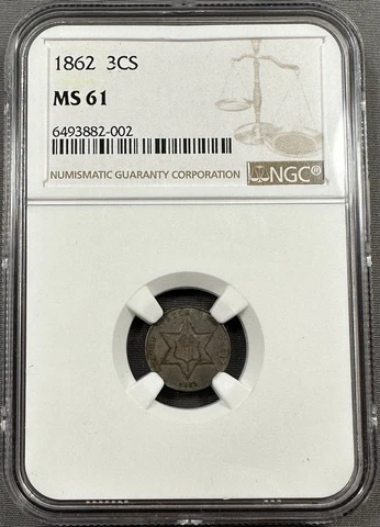 1862 Three Cent Silver 3cs - NGC MS61 - Low Mintage Date Cover
