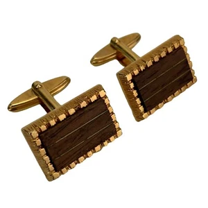 VTG Wood Cufflinks 1960s 70s Oak Wooden Gold Tone Carpenter Woodworker Rectangle - Picture 1 of 7