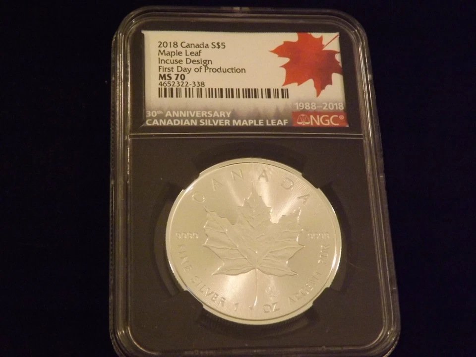 2018 -W    $5  Maple Leaf  First Day Of Production   RETRO     NGC   MS  70 - Image 1 of 2
