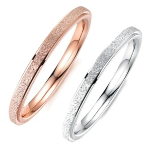 Stainless Steel 2mm Thin Sand Blasted Band Ring Size 4-8 Rose Gold Plated-Silver - Picture 1 of 9