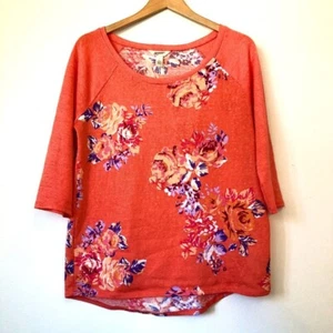 ARIZONA JEAN CO Orange Purple White Floral 3/4 Sleeve Knit Tee Top JUNIORS Large - Picture 1 of 12