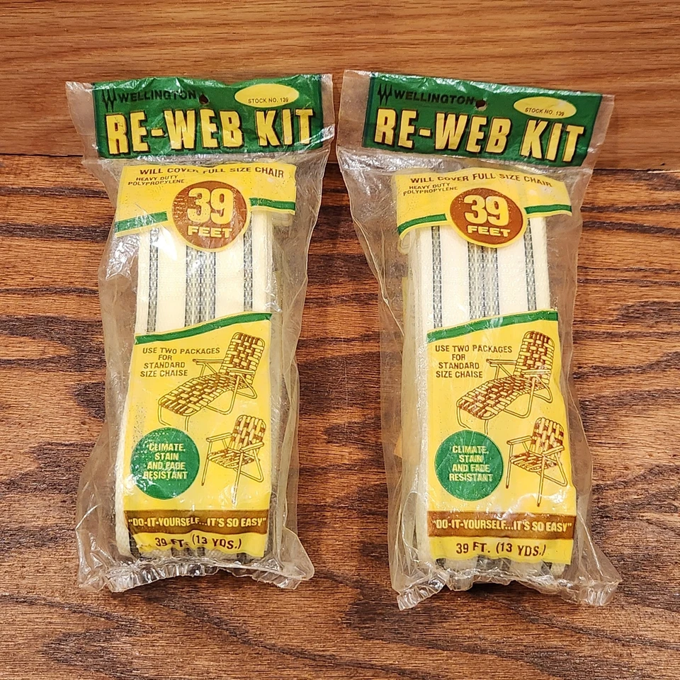 Kit de 2 sillas de césped Wellington vintage re-web NOS amarillo negro rayas 39 pies EE. UU. Foto 1 de 4