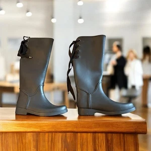 Coach Tristee Signature Women’s Matte Black Waterproof Lace-up Rain Boots Size 8 - Picture 1 of 5