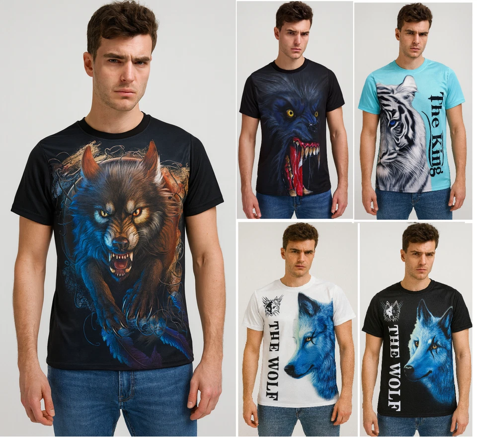 Mens Animal Print 3D lion wolf POLYESTER T Crew Neck T-Shirts Muscle anti sweat - Image 1 of 1