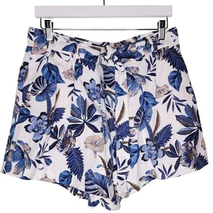 C & C California Linen Blend Shorts 12 Blue White Floral Belt Pockets Pull On - Picture 1 of 6