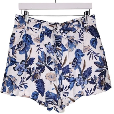 C & C California Linen Blend Shorts 12 Blue White Floral Belt Pockets Pull On - Image 1 of 4