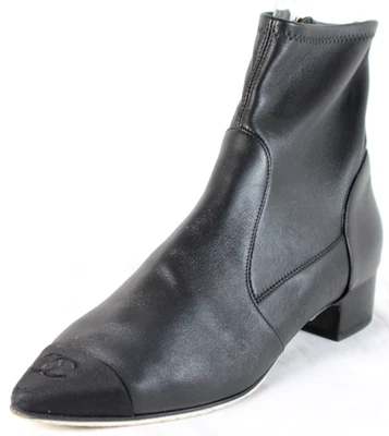 CHANEL 21C Black Leather Pointed-Toe CC Logo Cap Toe Low-Heel Ankle Boots 37 - Image 1 of 4