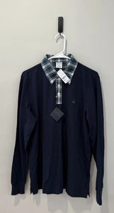 NEW Brooks Brothers Men Slim Fit Tartan Collar Navy Long Sleeve Polo Size Medium - Picture 1 of 3