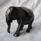 Hand Carved Black Wood Elephant with White Metal Blanket and Forehead Decoration