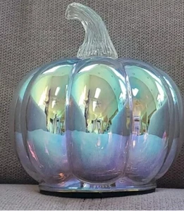 Iridescent Teal Glass Pumpkin Decorative Table Decor 4" - Picture 1 of 3