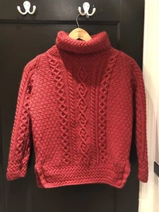 Red Carrigdonn Irish Fisherman Sweater Turtleneck Cable Knit Merino Wool Med - Picture 1 of 6