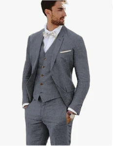 Men 3Pcs Linen Suit Summer Groom Bestmen Wedding Tuxedo Blazer+Pants 42r 44r 46r - Picture 1 of 17