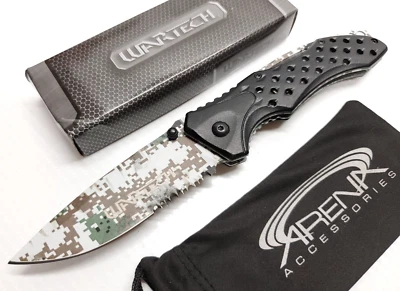 Wartech Digital Camo Black Spring Assist Pocket Knife EDC Flipper Part Serrated - Image 1 of 4