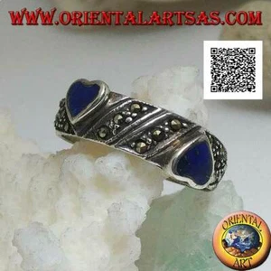 Anello in Argento 925‰ cuori di lapislazzulo naturale e marcasite - Foto 1 di 3