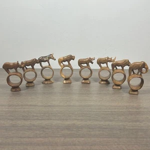 Hand-Carved Footed Safari Game Animal Wood Napkin Rings Set of 8 South Africa 4” - Picture 1 of 20