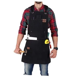 Work Apron, Woodworking Shop Apron Men Waxed Heavy Duty 24oz Canvas Bib Black - Picture 1 of 8