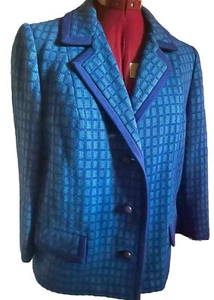 1950s Jackie O Turquoise Cobalt Plaid England WOOL Double Knit Coat Bracelet Slv - Picture 1 of 8