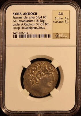 Siria, Antioquía - "Philip Philadelphus" AR Tetradracma (57-55 aC) - NGC AU! ¡Raro! Foto 1 de 4