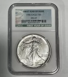 1986 American Silver Eagle NGC MS-69 with First Year Of Issue Label - Picture 1 of 2