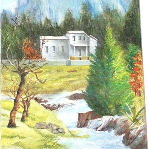 PAYSAGE DE MONTAGNE Maison en Bord de Rivière Signé HUILE sur TOILE 33x46cm - Picture 1 of 5