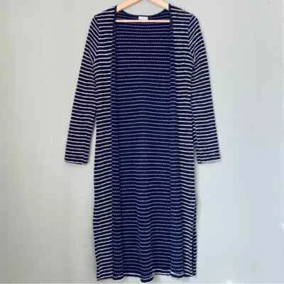 Women’s Medium Duster Cardigan Open Front Navy Blue White Stripes Nautical Beach Foto 1 de 4