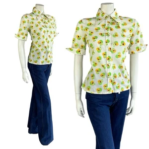 VINTAGE 70ER JAHRE WEISS GELB GRÜN GEBLÜMT DOLCHKRAGEN KURZ NEAPOLITANISCHES HEMD 12 14 M - Bild 1 von 12
