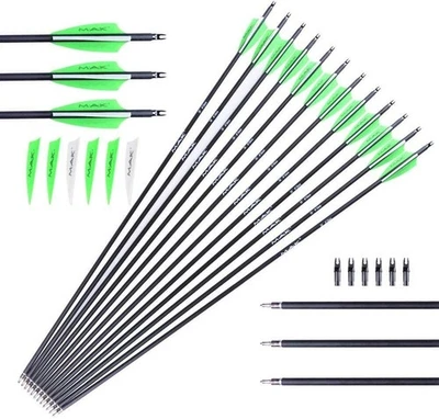 12Pc Archery 30" Carbon Arrows SP500 Hunting Arrowheads for Compound Recurve Bow