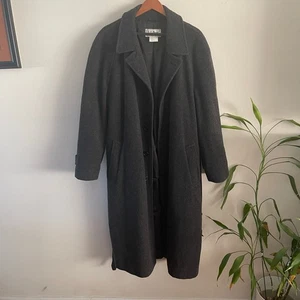 Vtg L.L. Bean Wool Belted Coat Mens Large Black Gray Winter Overcoat Minimalist - Picture 1 of 13