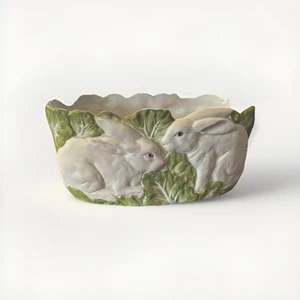 Bisque Ceramic Rabbit Cabbage Planter Pot Dish Bunny Decor Whimsical Easter - Picture 1 of 6