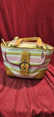 COACH HAMPTON MULTI-COLOR STRIPE VACHETTA LEATHER SMALL TOTE BAG #1888 GUC - Image 1 of 4